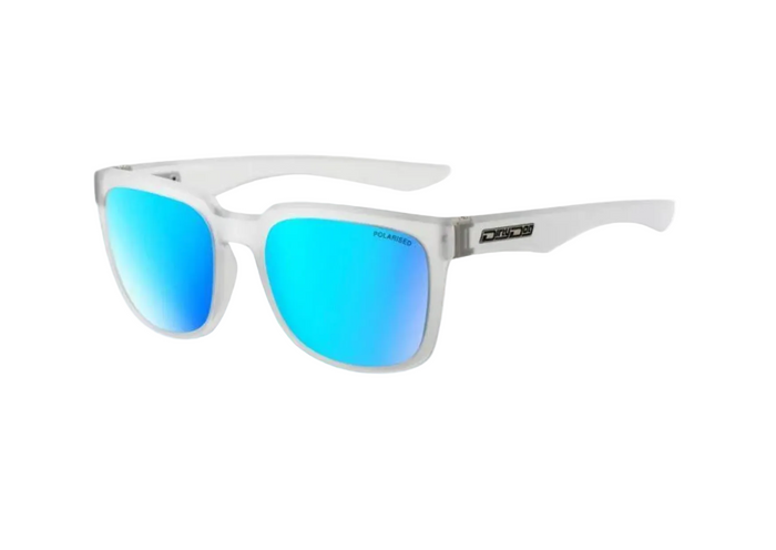 Dirty Dog polarised sunglasses with white frame and blue mirrored lenses, ideal for watersports in Whitstable.