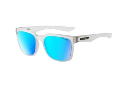Dirty Dog polarised sunglasses with white frame and blue mirrored lenses, ideal for watersports in Whitstable.