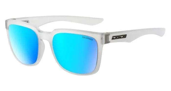 Dydo polarised sunglasses with white frame and blue mirrored lenses