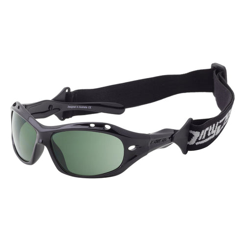Black Dirty Dog watersports sunglasses with green lenses and adjustable strap, designed for paddleboarding and surfing.