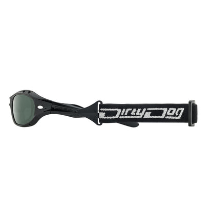 Dirty Dog black watersports sunglasses with adjustable strap, ideal for paddleboarding and kayaking in Whitstable.