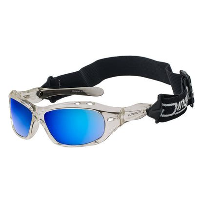 Clear frame blue lens watersports sunglasses with black strap