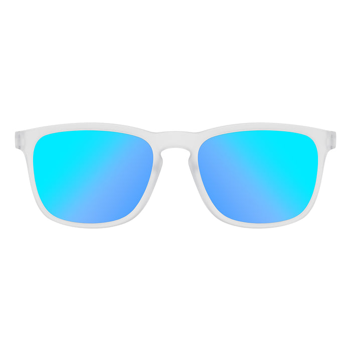 White-framed sunglasses with blue mirrored lenses for watersports