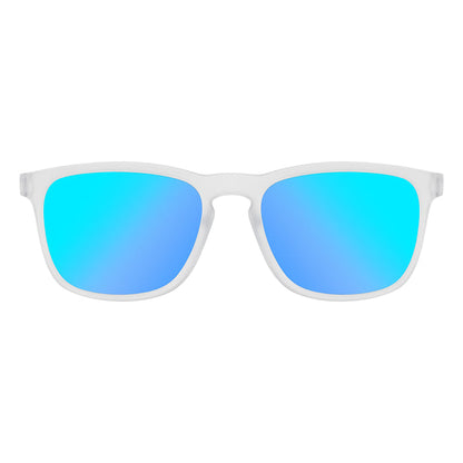 White-framed sunglasses with blue mirrored lenses for watersports