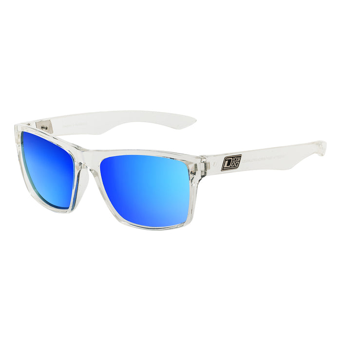 Dope sunglasses with blue mirrored lenses and clear frames for watersports