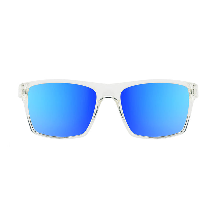 Clear frame sunglasses with blue mirrored lenses for watersports