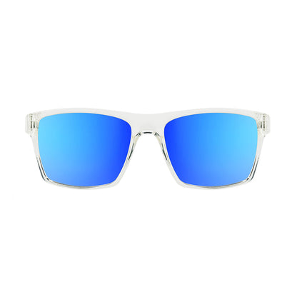 Clear frame sunglasses with blue mirrored lenses for watersports
