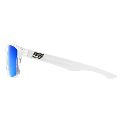 Clear frame sunglasses with blue mirrored lenses, polarised, by Von Zipper for watersports