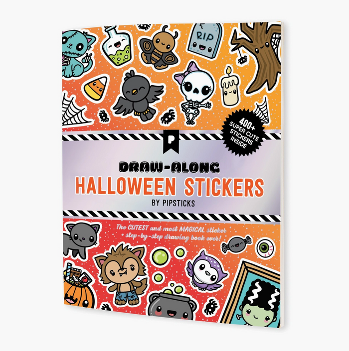 A colorful sticker book titled 'Draw-Along Halloween Sticker Book' with various cartoonish Halloween-themed stickers and decorations on the cover.