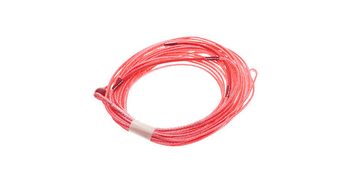 Red coiled watersports rope with secure fasteners, ideal for paddleboarding or kayaking adventures.