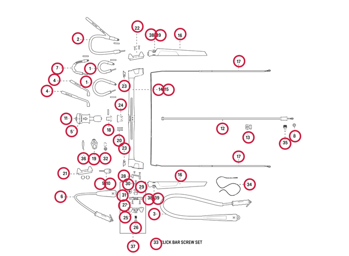 Duotone Click Bar spare parts diagram with labeled components for kitesurfing bar repair