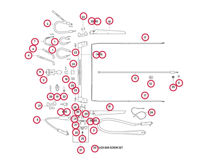 Duotone Click Bar spare parts diagram with labeled components for kitesurfing bar repair