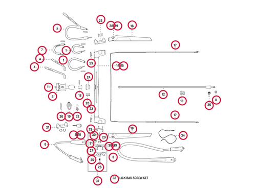 Duotone Click Bar spare parts diagram with labeled components for kitesurfing bar repair