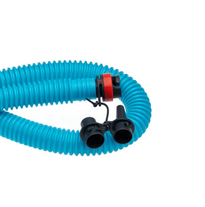 Duotone kitesurfing pump hose with attachments, blue ribbed tube, close-up