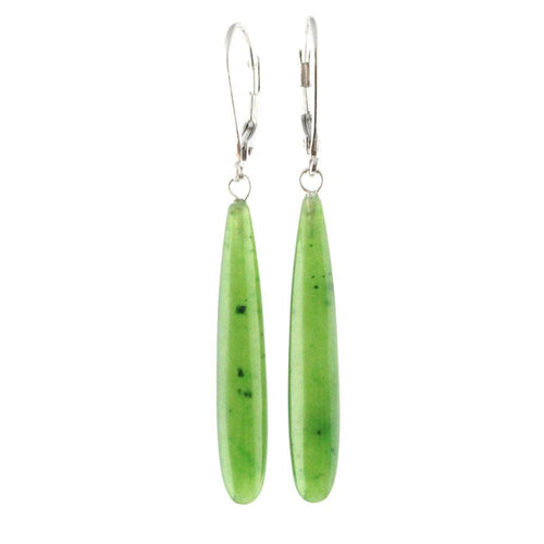 Pair of long green jade earrings with silver leverback hooks
