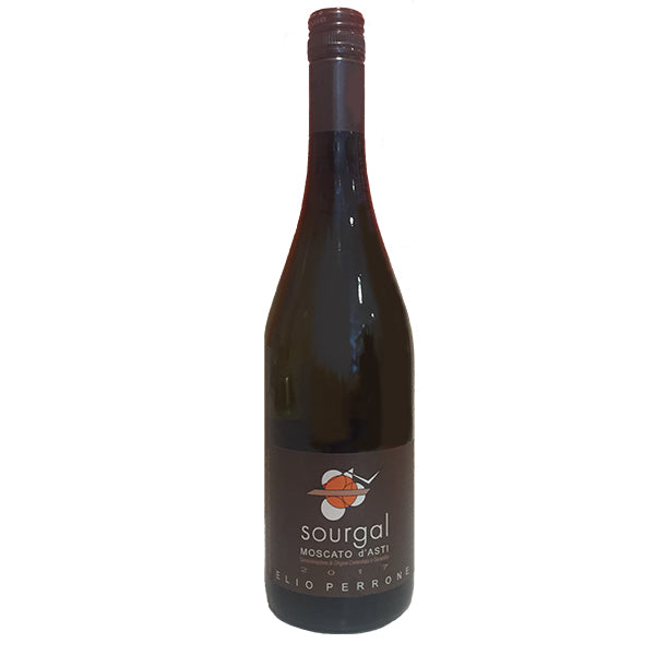 Elio Perrone Sourgal Moscato d'Asti 2017 wine bottle, dark red label