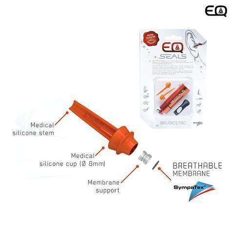 EQ Seals Balance Pro watersport ear plugs with packaging and product diagram shown