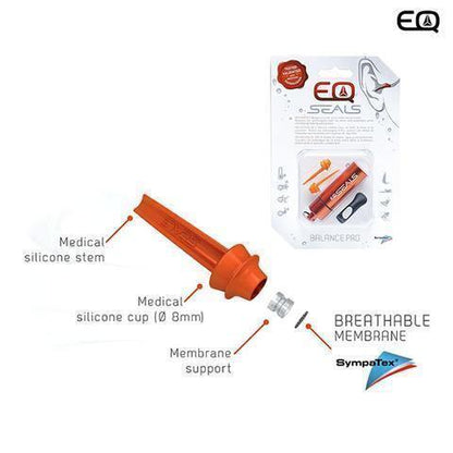 EQ Seals Balance Pro watersport ear plugs with packaging and product diagram shown
