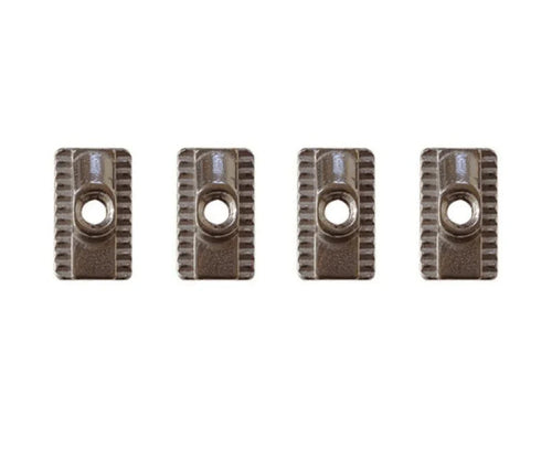Four metallic T-nuts with textured sides for watersports gear mounting