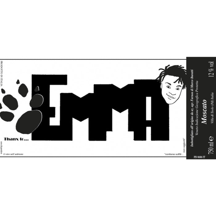 White wine label with large "EMMA!" text and woman illustration