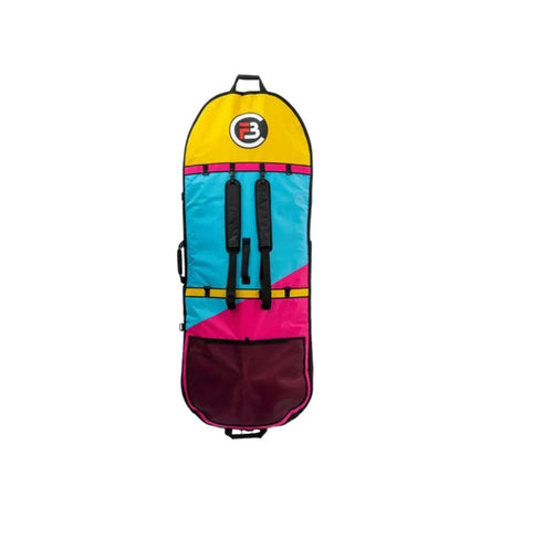 F3 brand surfboard bag with yellow, blue, pink, and maroon panels and black straps
