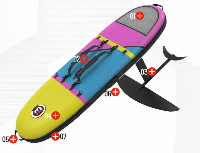 M2 Wing Foil Board with pink, blue, yellow design and black straps