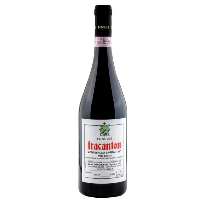 Fongoli Fracanton Montefalco Sagrantino 2016 wine bottle with dark glass and paper label