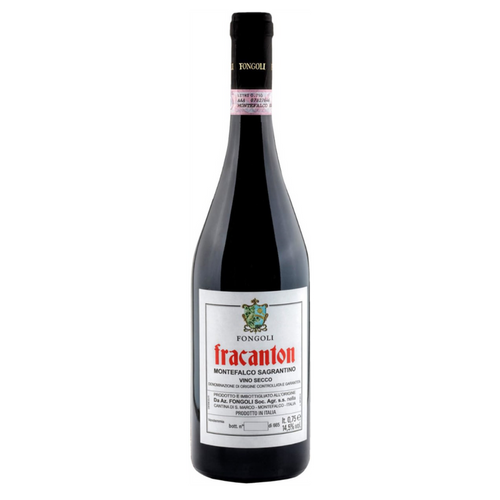 Fongoli Fracanton Montefalco Sagrantino 2016 wine bottle with dark glass and paper label