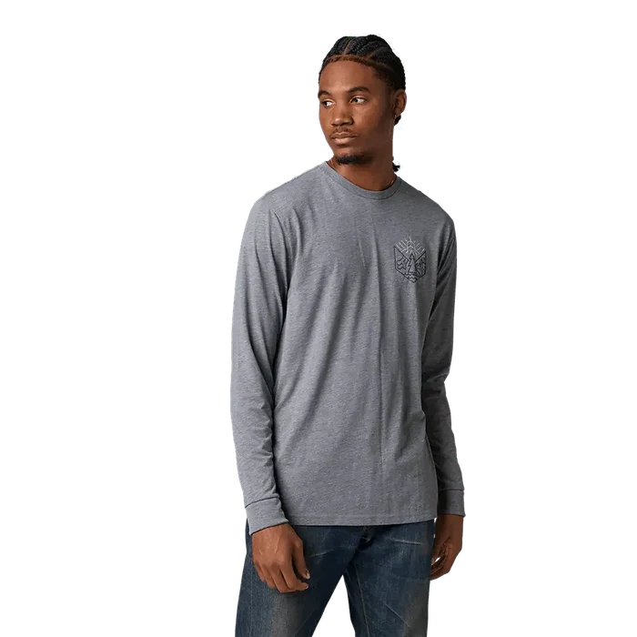 Grey long sleeve surf shirt with geometric chest logo, ideal for watersports in Whitstable