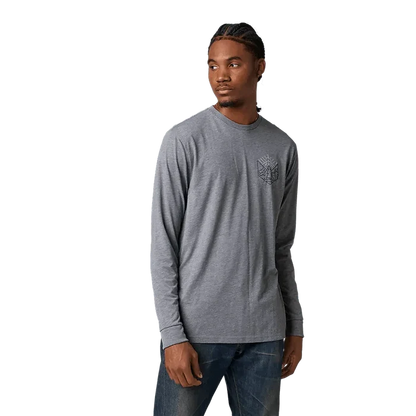 Grey long sleeve surf shirt with geometric chest logo, ideal for watersports in Whitstable