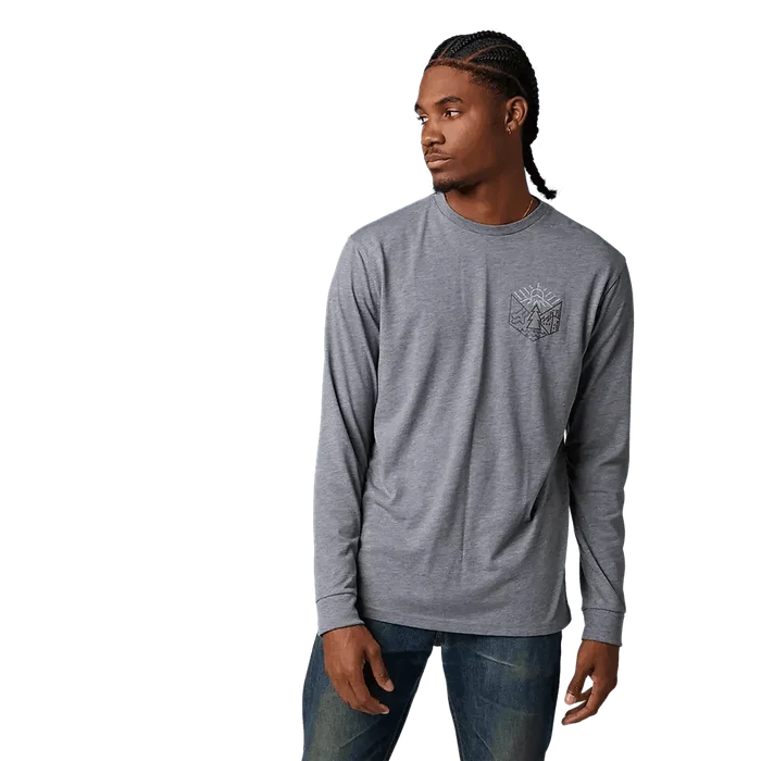 Grey long sleeve surf shirt with mountain graphic, ideal for watersports in Whitstable