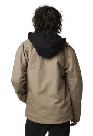 Beige hooded watersports jacket with black hood, ideal for paddleboarding and surfing in Whitstable.