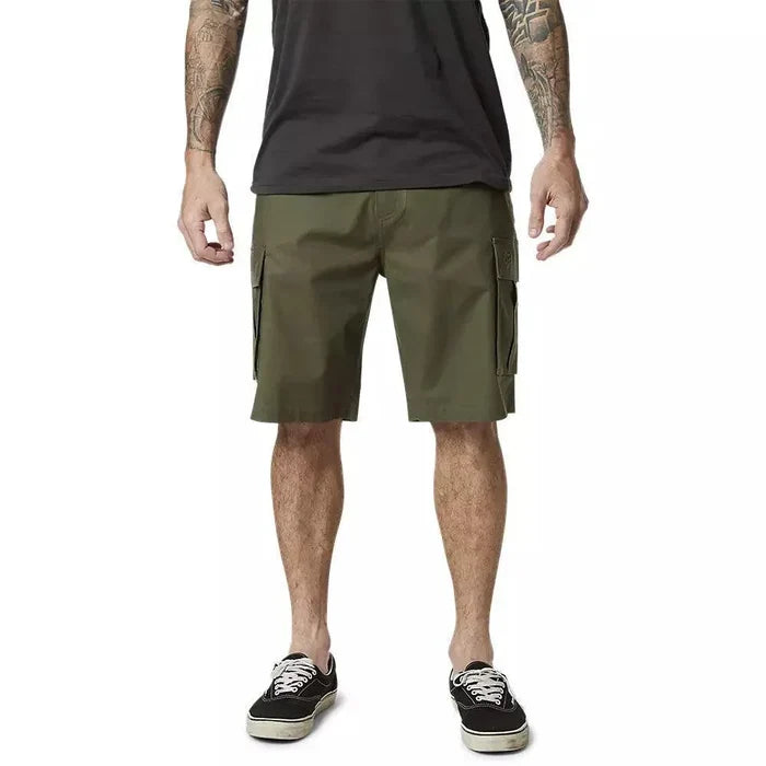 Olive green cargo shorts for watersports, featuring side pockets and durable fabric