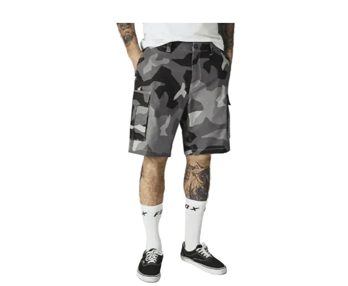 Fox Racing camo cargo shorts for watersports, featuring durable design and side pockets