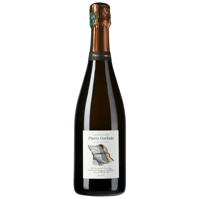 Champagne bottle with gold foil top and Pierre Gerbais label, dark glass
