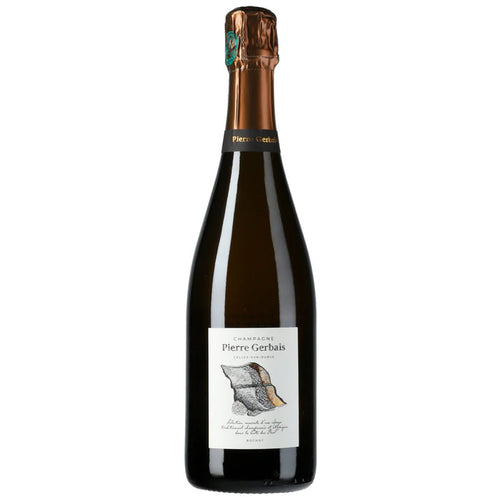 Champagne bottle with gold foil top and Pierre Gerbais label, dark glass