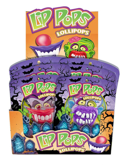 Display of Lip Pops lollipop packages with colorful characters on a white background