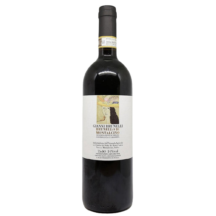 Gianni Brunelli wine bottle with dark glass and cream label, 2018