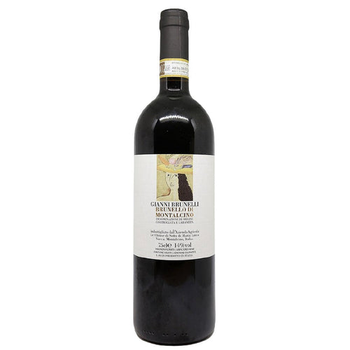 Gianni Brunelli wine bottle with dark glass and cream label, 2018