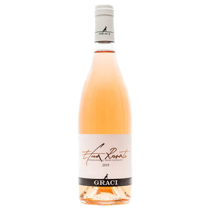 Graci Etna Rosato wine bottle with pale rosé label and clear glass