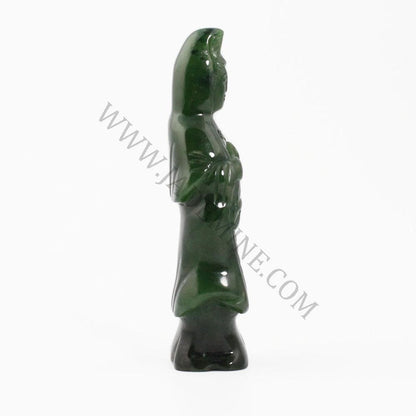 Green jade Guanyin standing statue with flowing robes.
