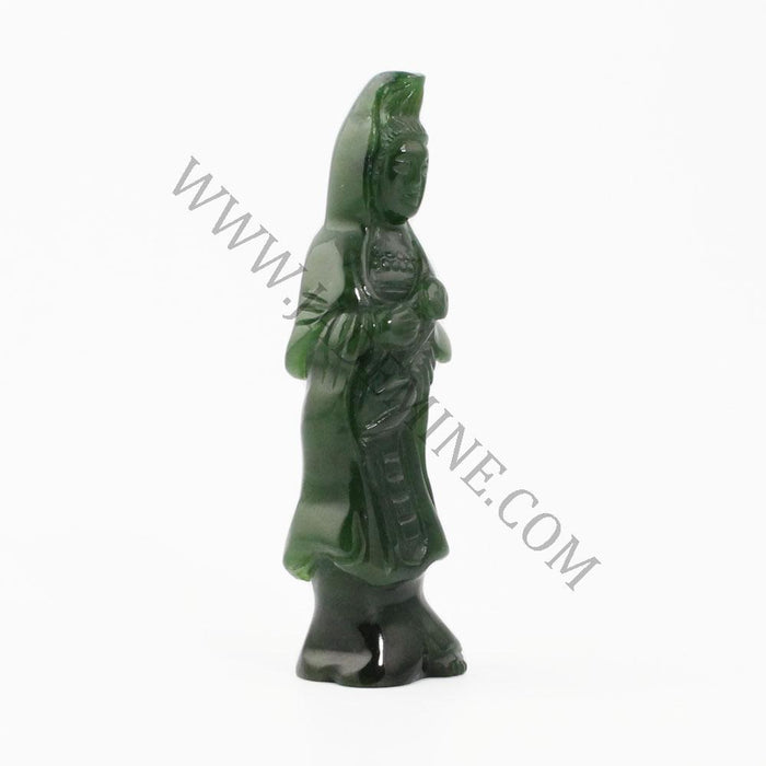 Guanyin statue carved from dark green jade, 3 inches tall, standing with hands clasped at chest