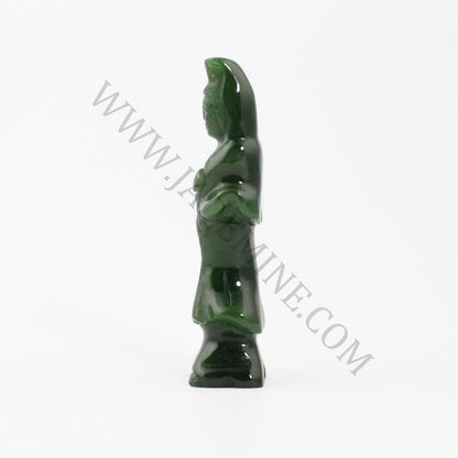 Back view of the dark green jade Guanyin statue, 3 inches tall