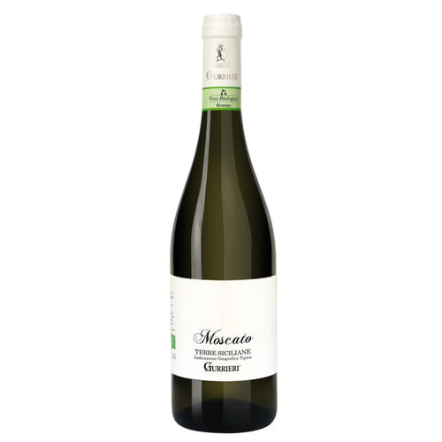 Gurrieri Moscato wine bottle with white label and light green glass