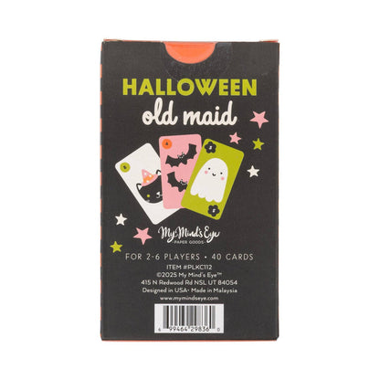 Halloween Old Maid card game box by My Mind's Eye, featuring a black background with yellow and white text, three illustrated playing cards, and small star graphics.