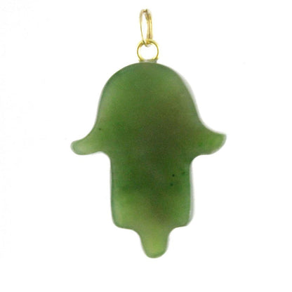 Translucent green Hamsa hand pendant with a gold bail.