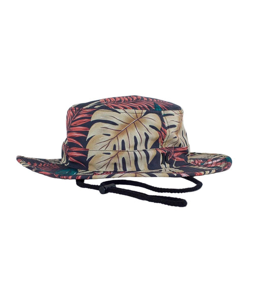 Tropical leaf print bucket hat with chin strap, ideal for watersports and beachwear