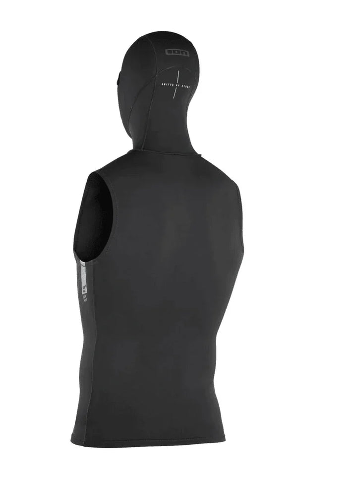 ION Neo Top Hooded Vest 2/1mm wetsuit thermal top, black sleeveless with integrated hood, rear view