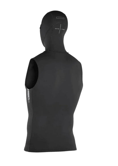 ION Neo Top Hooded Vest 2/1mm wetsuit thermal top, black sleeveless with integrated hood, rear view