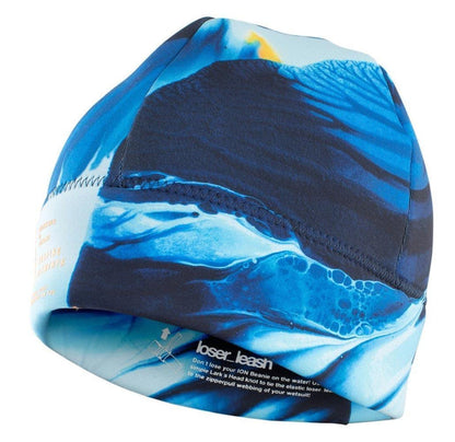 ION Neoprene Grace Wetsuit Beanie in blue, close-up with visible seam and 'loser leash' text